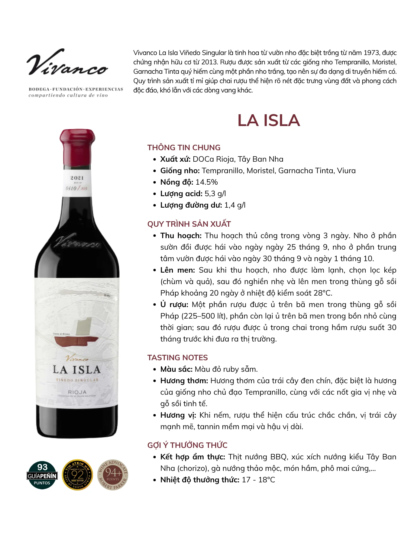Tasting Notes Vivanco La Isla