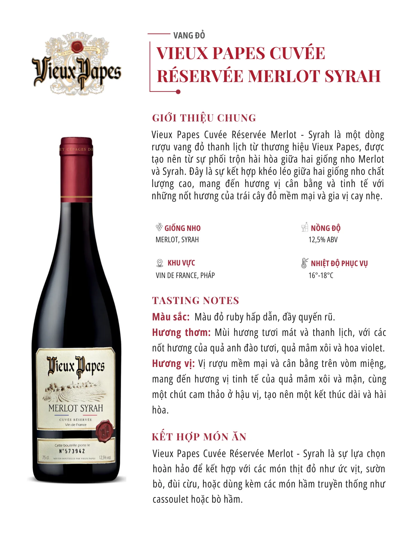Tasting Notes Vieux Papes Cuvée Réservée Merlot   Syrah