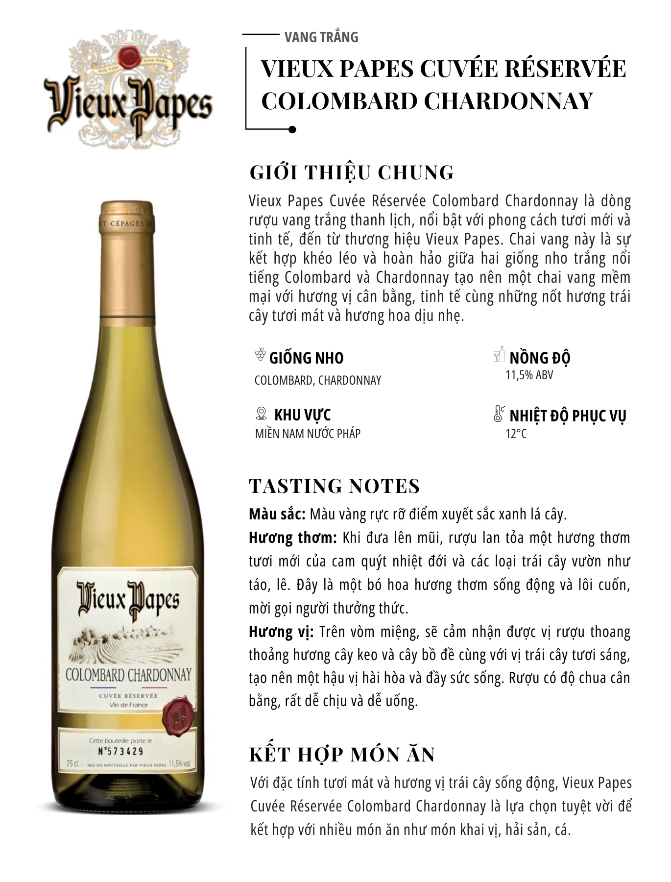Tasting Notes Vieux Papes Cuvée Réservée Colombard Chardonnay